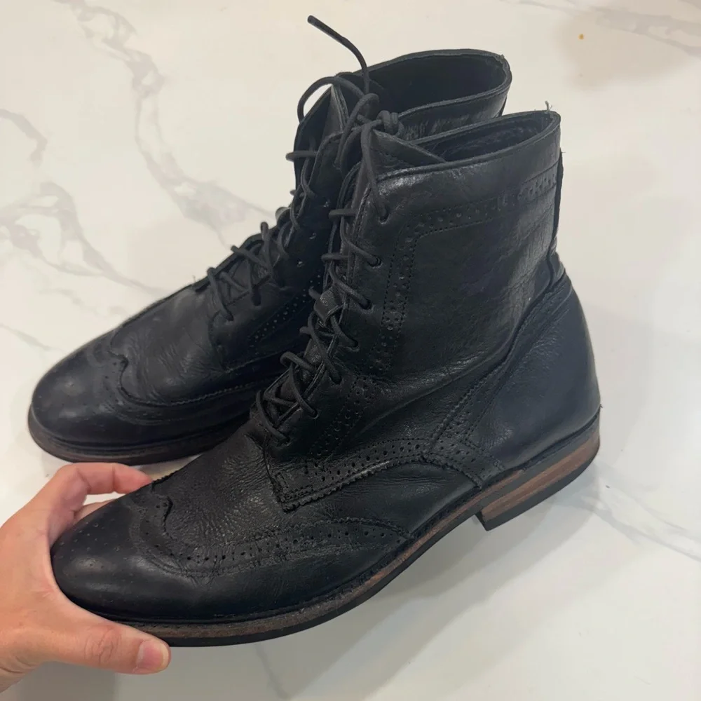 Walk-Over Made in USA Brogue Wingtip Boots Black Leather Lace Up Shoes Size 11M
